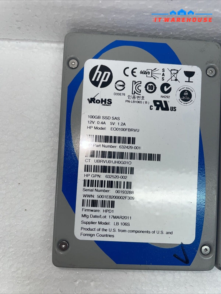 Lot of 3 HP 100GB SAS SLC EP 6G 2.5'' Solid State Drive 632520-002 632429-001