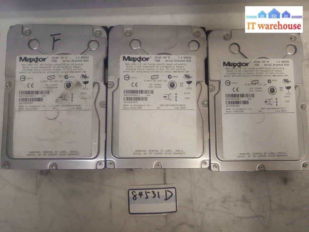 - Lot Of 3 Maxtor Atlas 8K073S0 15K Ii 73Gb Sas Hard Drive @@@