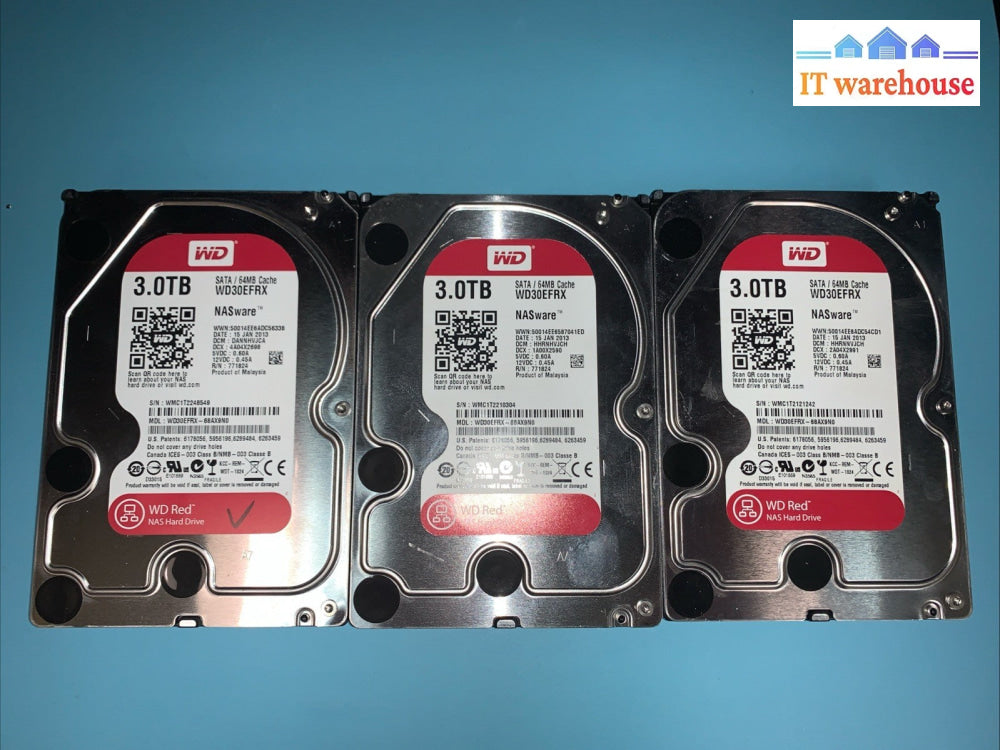 Lot of 3 Western Digital WD Red WD30EFRX 3TB NASware 3.0 3.5’’ SATA Hard Drives