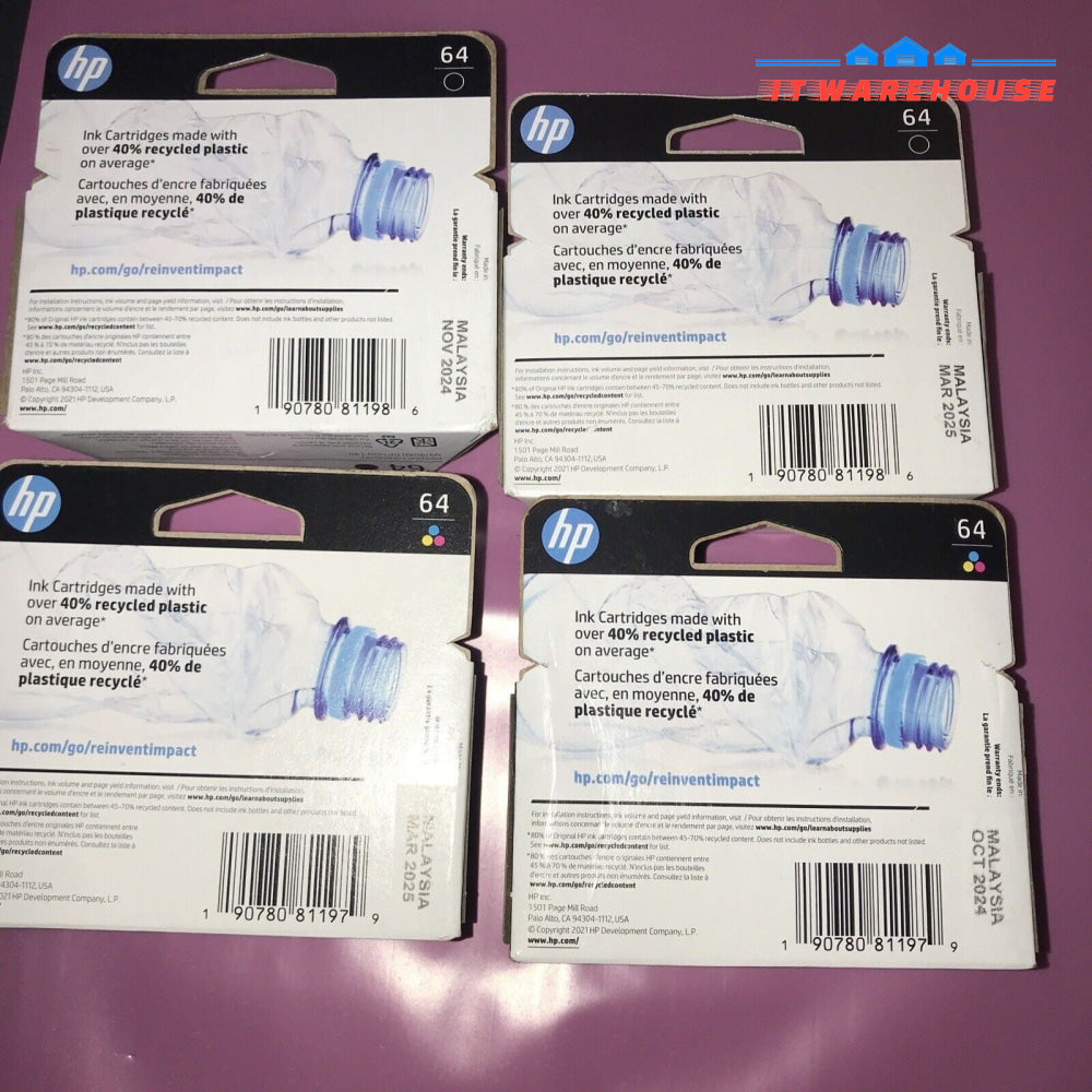 Lot of 4 Genuine HP 62 Black & Tri-Color Ink Cartridges - EXP 2024-2025
