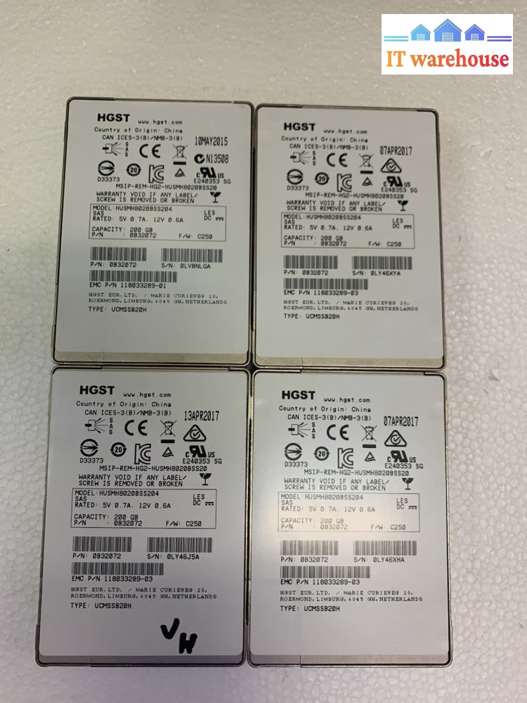 Lot of 4 HGST 2.5" 200GB SAS SSD MLC 12Gbps Solid Stat SAS Hard Drive (not SATA)