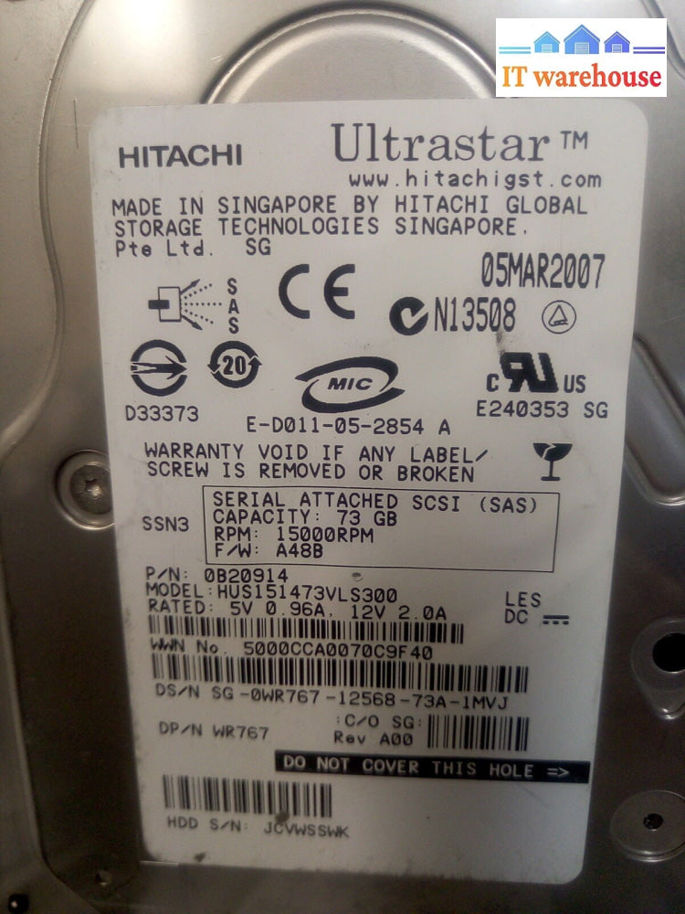 - LOT OF 4 Hitachi 73 GB   SAS Server HDD  HUS151473VLS300 0WR767 W/CADDY @@@