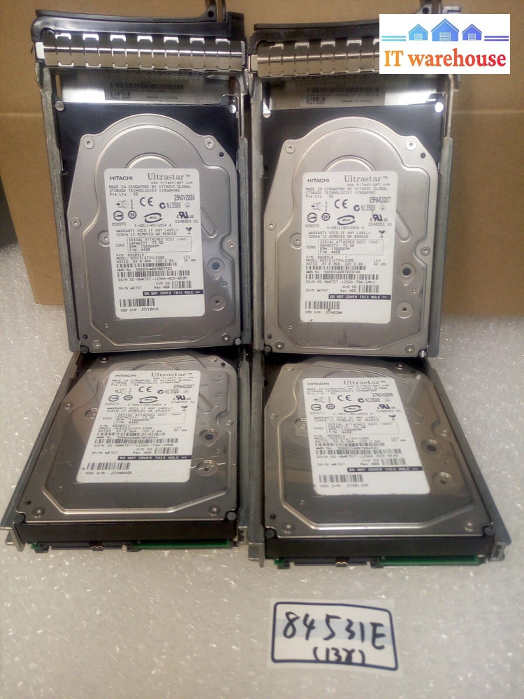 - LOT OF 4 Hitachi 73 GB   SAS Server HDD  HUS151473VLS300 0WR767 W/CADDY @@@