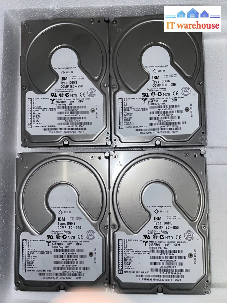 Lot of 4 IBM DGHS COMP IEC-950, PN59H6903, SCSI SE hard drive