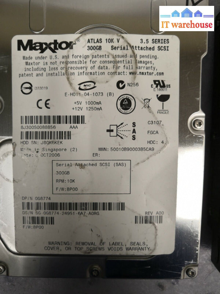 + Lot of 4 Maxtor Atlas 10K 300GB 10000RPM 3.5" SAS Server Hard Drive 0G8774 