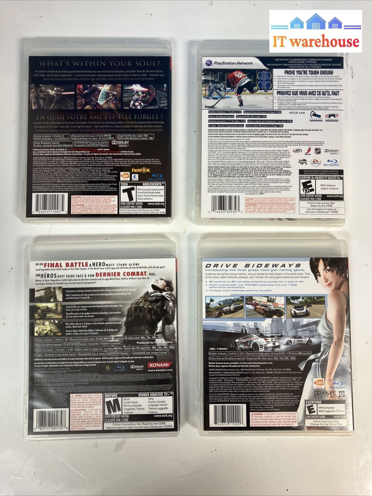 Lot Of 4 Ps3 Games Nhl 10 / Soulcalibur Ridge Racer 7 Metal Gear Solid ~