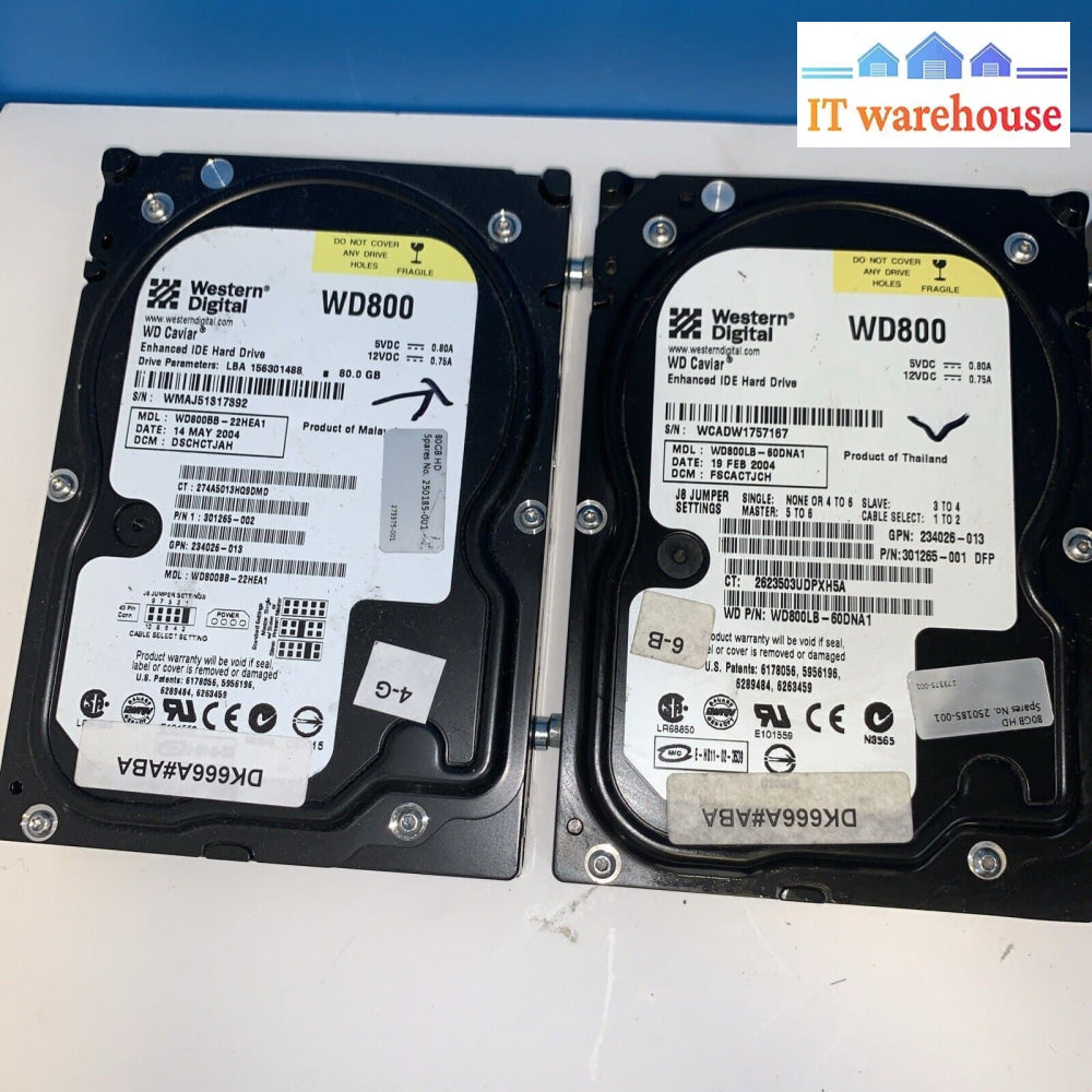 Lot of 4 WD 80GB IDE Caviar WD800 7200 RPM 3.5" hard drive (1000 days remaining)