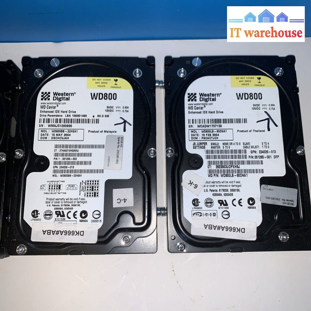 Lot of 4 WD 80GB IDE Caviar WD800 7200 RPM 3.5" hard drive (1000 days remaining)