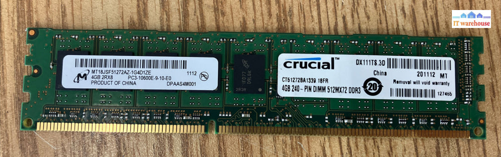 Lot Of 4X Micron 4Gb 2Rx8 Pc3-10600E 1333Mhz Mt18Jsf51272Az-1G4D1Ze -Server Ram