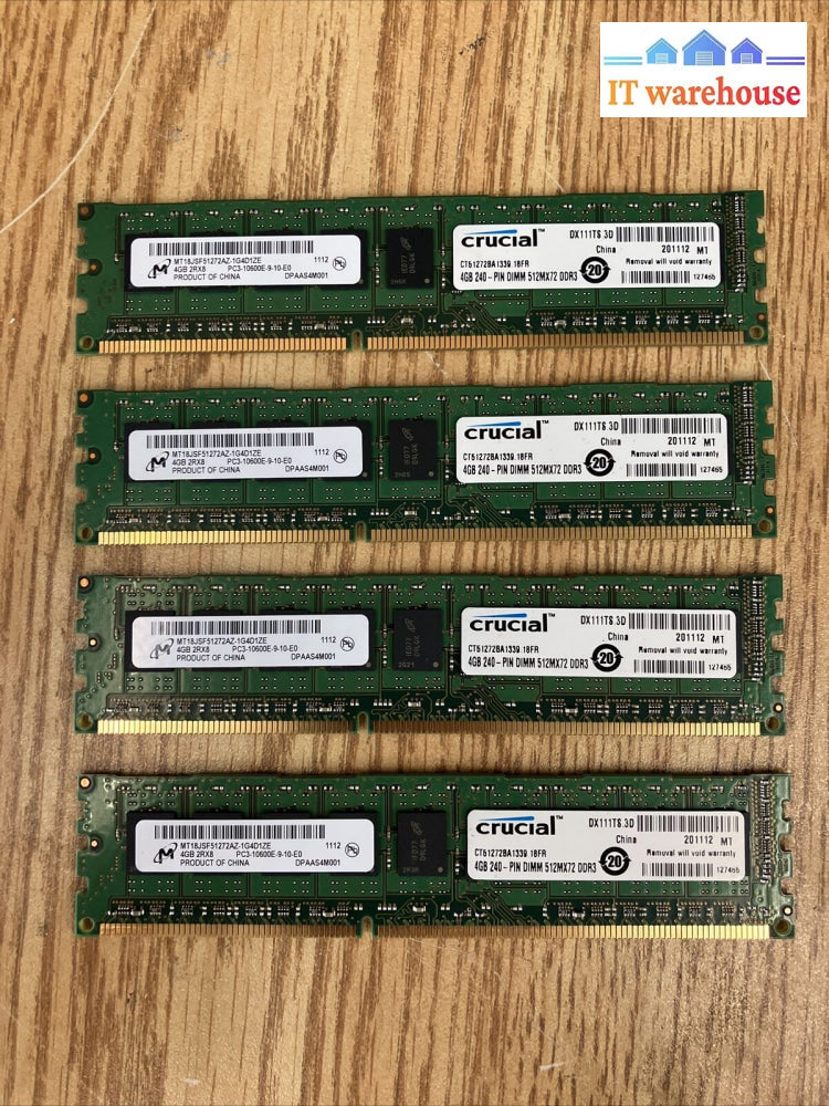 Lot Of 4X Micron 4Gb 2Rx8 Pc3-10600E 1333Mhz Mt18Jsf51272Az-1G4D1Ze -Server Ram