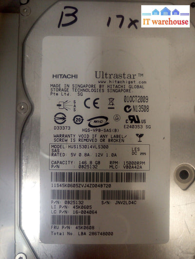 - Lot of 5 Hitachi Ultrastar 147GB 15000RPM SAS HDD  HUS153014VLS300  45K0608 @@