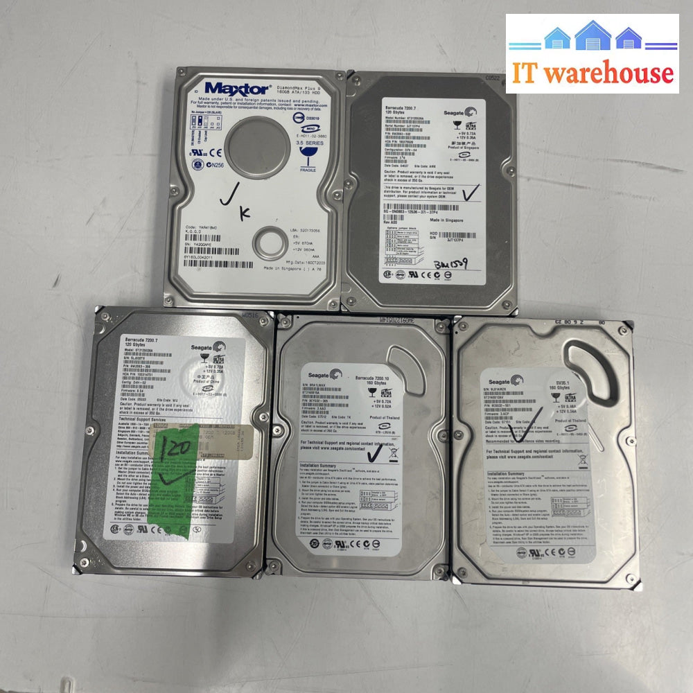 Lot Of 5- Mixed Brand Desktop IDE HDD   120G/160G 3.5”   Working +