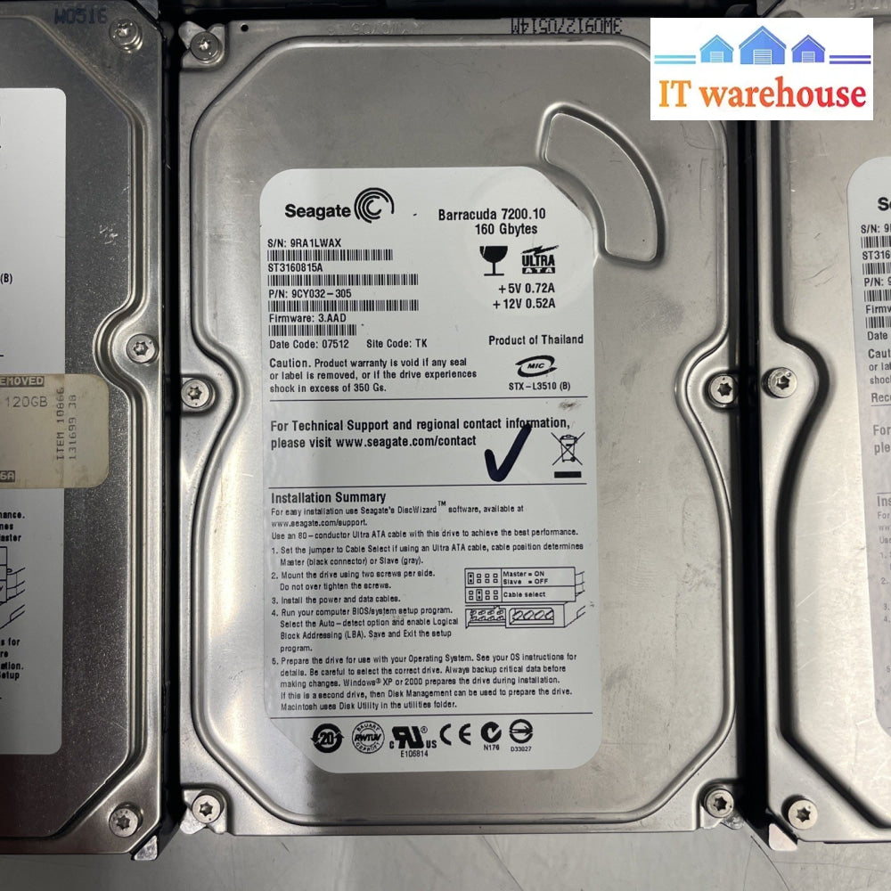 Lot Of 5- Mixed Brand Desktop IDE HDD   120G/160G 3.5”   Working +