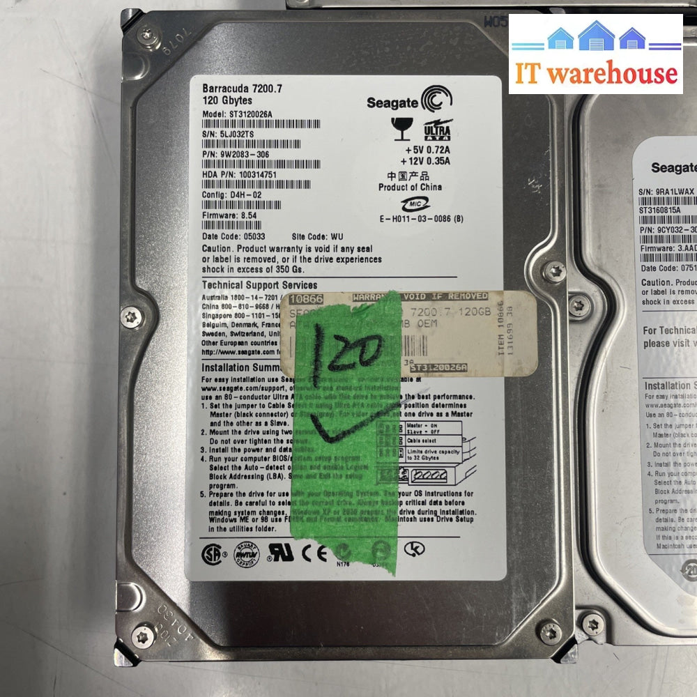 Lot Of 5- Mixed Brand Desktop IDE HDD   120G/160G 3.5”   Working +