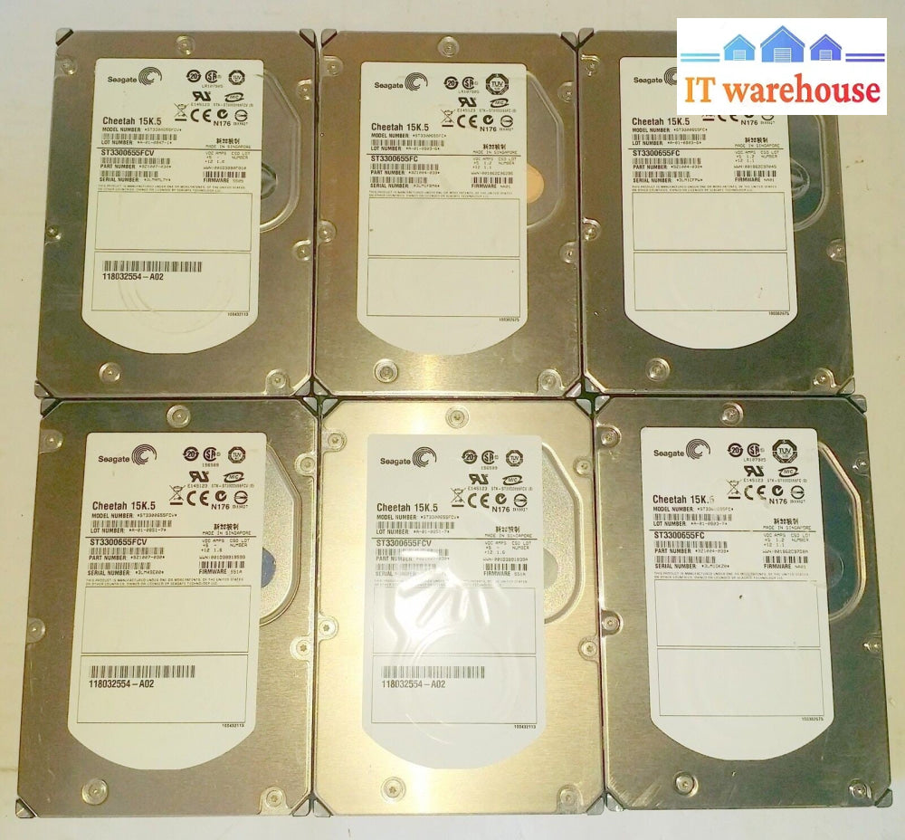 Lot of 6 Seagate Cheetah 15K 300 GB ST3300655FCV 9Z1007-030 Fireware 551A @@@