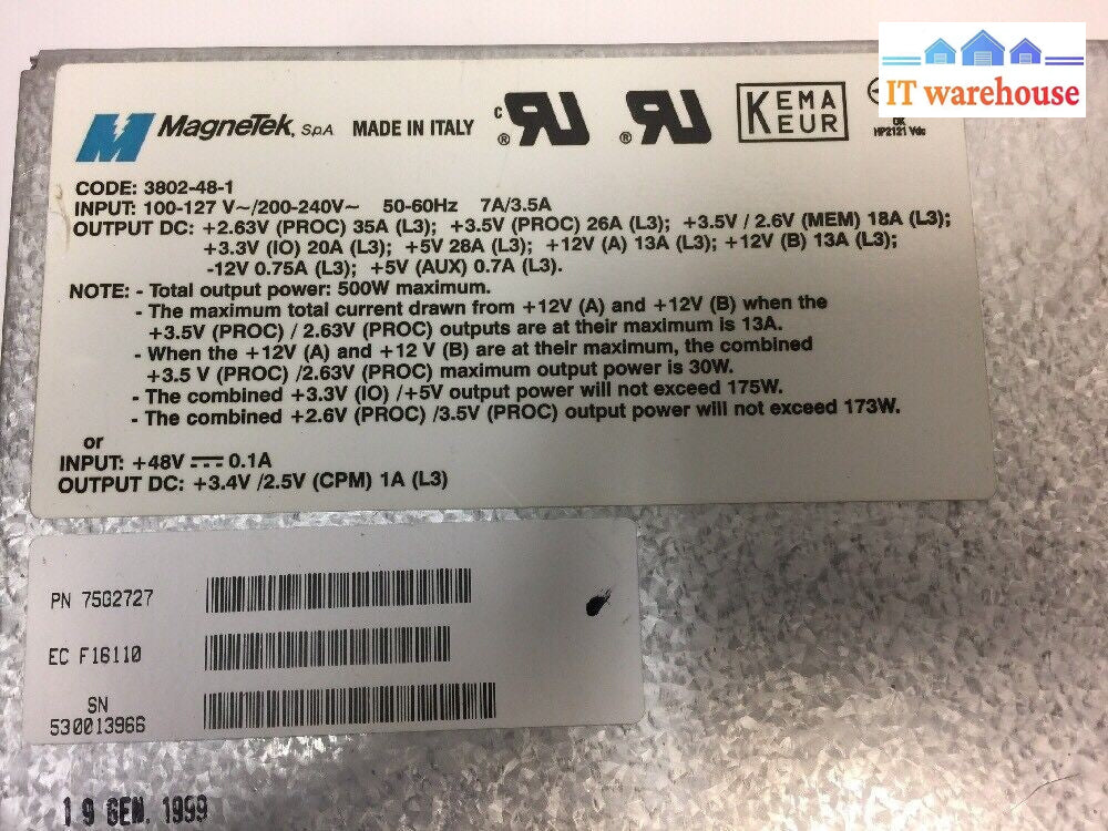 -  MAGNETEK POWER SUPPLY 3802-48-1 75G2727 500W MAX @@@