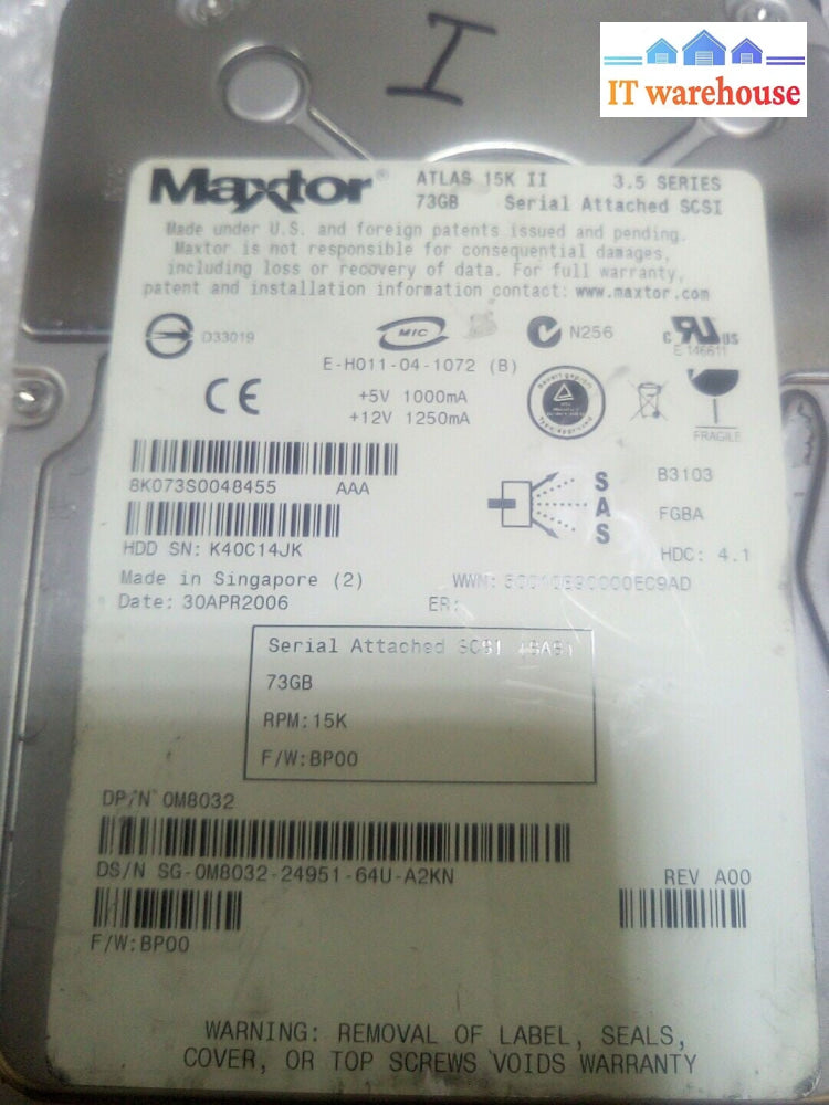 - Maxtor Atlas 8K073S0 / M8032 15K II 73GB 3Gbps SAS Hard Drive