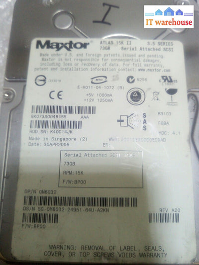 - Maxtor Atlas 8K073S0 / M8032 15K II 73GB 3Gbps SAS Hard Drive