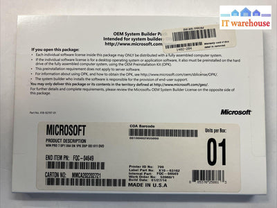 Microsoft Windows 7 Professional x64 English DVD X10-63162 FQC-04649 (No Key) ~