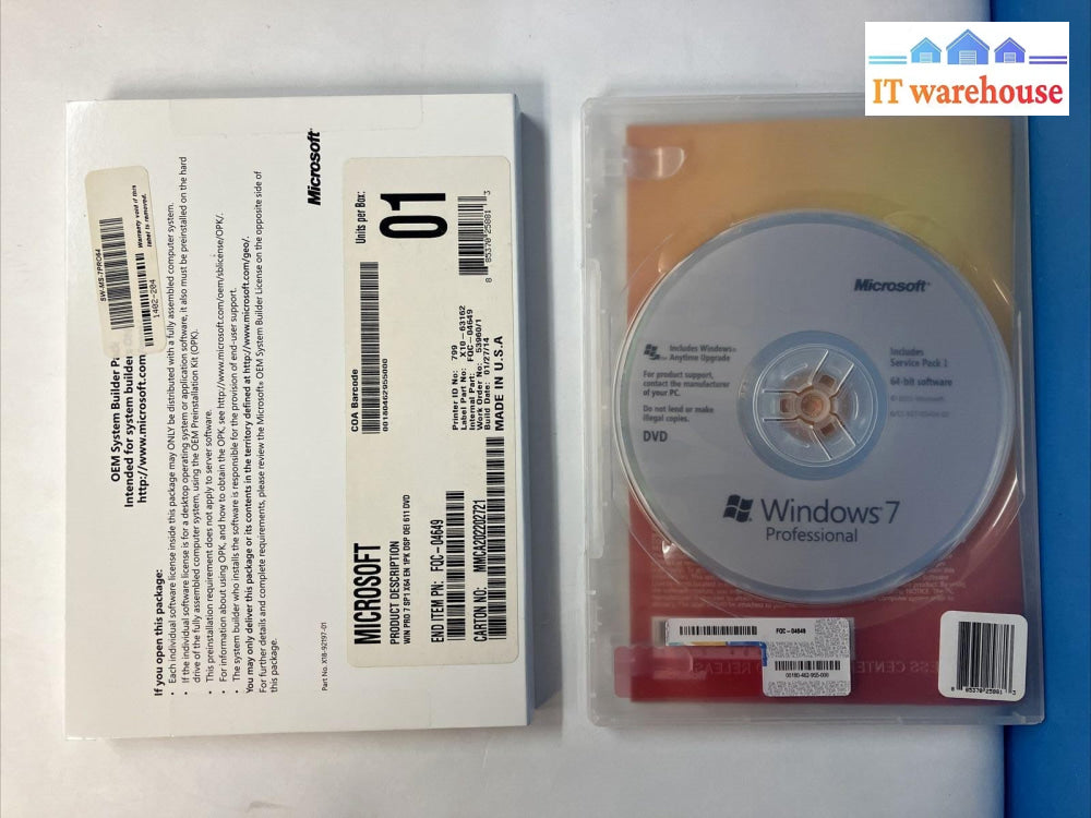 Microsoft Windows 7 Professional x64 English DVD X10-63162 FQC-04649 (No Key) ~
