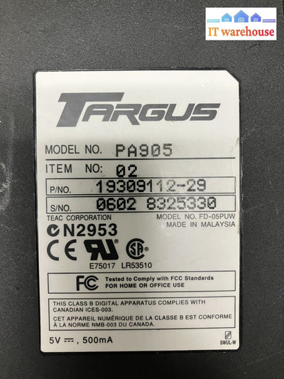 ~ Targus Slimline Usb External 3.5’ Floppy Disk Drive Model Pa905 19309112-29