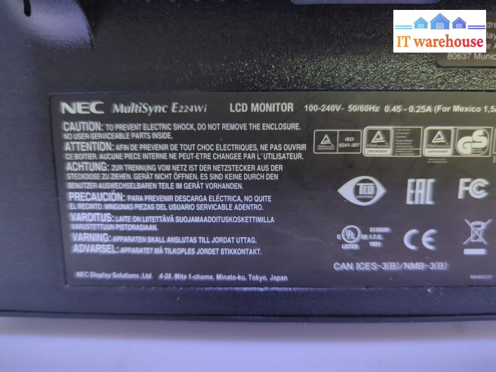 NEC MULTISYNC E224Wi 21.5" FULL HD LED BACKLIT IPS PANEL MONITOR (No Stand) -