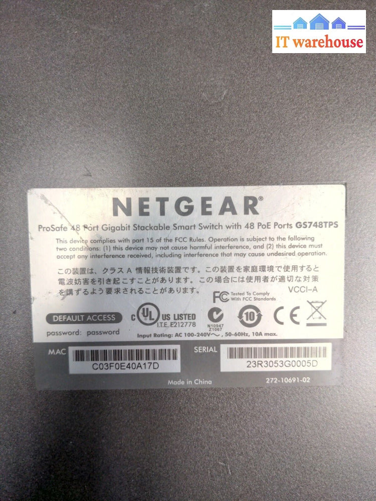- NETGEAR ProSafe GS748TPS 48 Port Gigabit PoE Stackable Smart Switch 