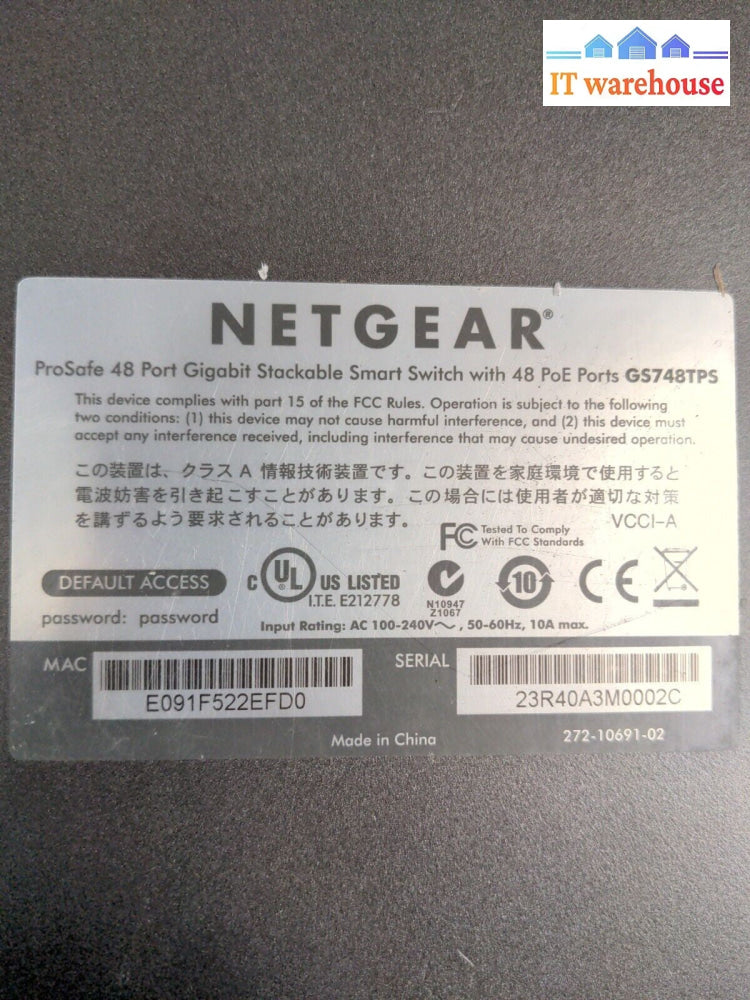 - NETGEAR ProSafe GS748TPS 48 Port Gigabit PoE Stackable Smart Switch 