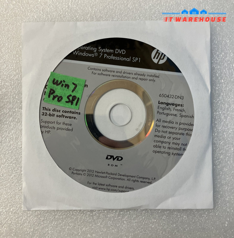 ~ New HP Microsoft Windows 7 Professional SP1 32-bit Reinstallation DVD (No Key)