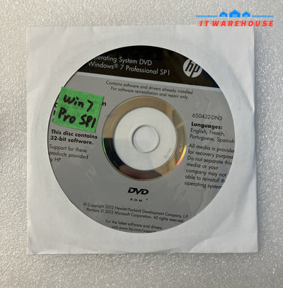 ~ New HP Microsoft Windows 7 Professional SP1 32-bit Reinstallation DVD (No Key)