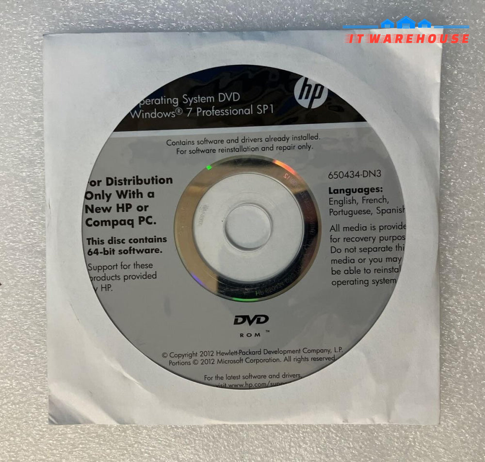 New HP Windows 7 Professional 64-bit Reinstallation DVD 4 Languages (No Key)