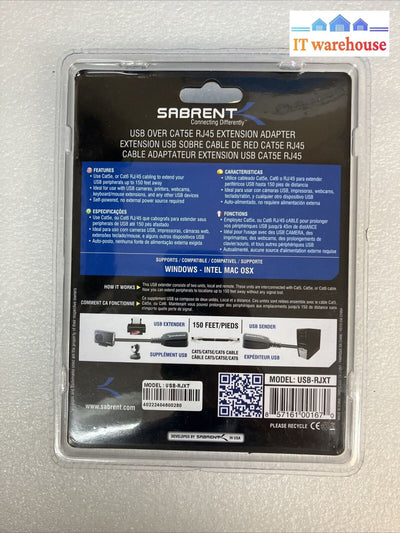 (New & Sealed) Sabrent USB-RJXT USB Extension Cable Over RJ45 Extender Adapter ~