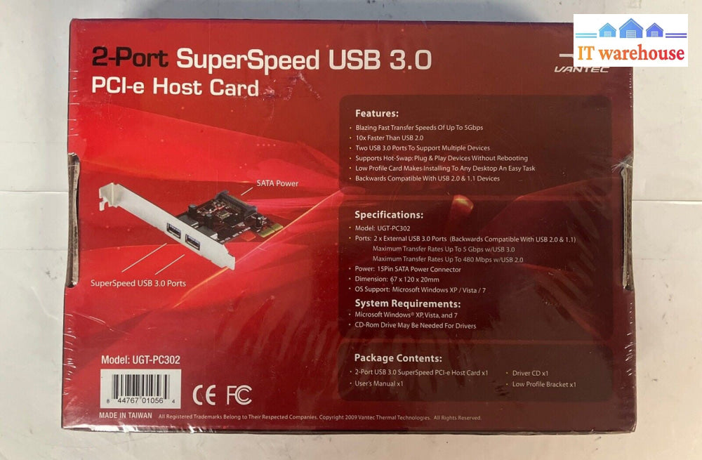 (New & Sealed) Vantec 2-Port SuperSpeed USB 3.0 PCI-e Host Card UGT-PC302 ~