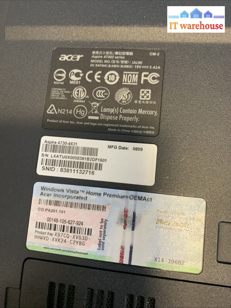Nice ~Acer Aspire 4730z 14.1’’ Dual Core T3200 2Ghz 2GB 750GB windows xp pro Sp3
