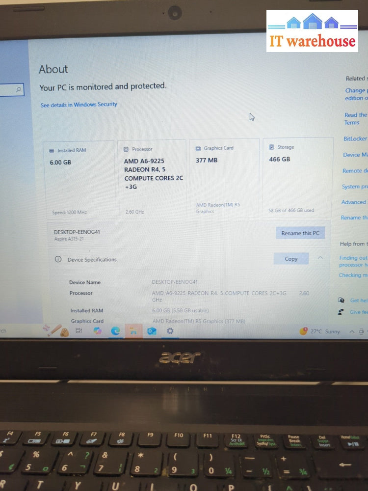 (NICE) Acer Aspire A315-21 15.6" Laptop AMD A6-9225/6GB RAM/500GB SSD/ Win 10 -