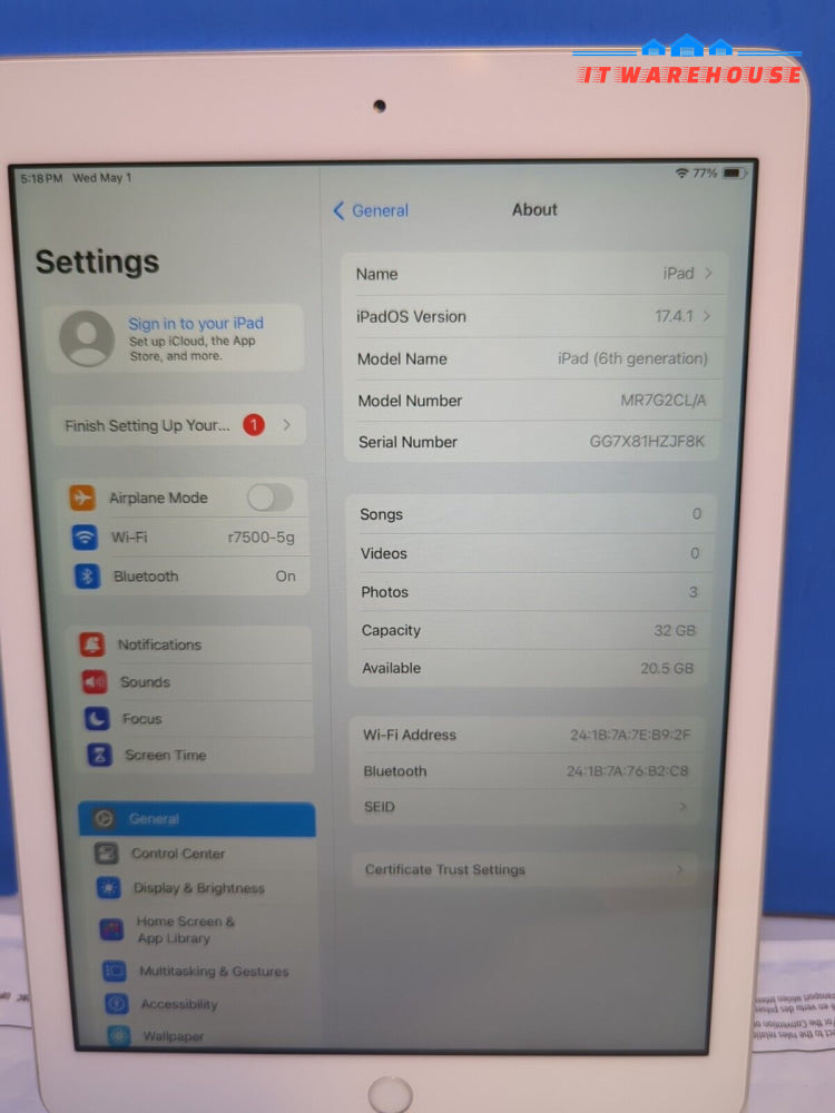 (Nice) Apple Ipad 6Th Generation A1893 Sliver 9.7’ 32Gb Wi-Fi Good Working -