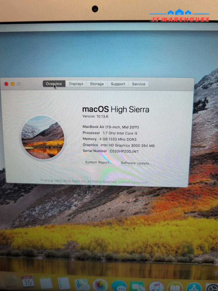 (Nice) Apple MacBook Air 13" 2011 A1369 Intel i5- 1.7GHz /4GB /128GB HDD/10.13 -