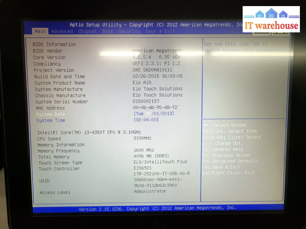 - (Nice) Elo Esy15X3 Touch Solutions W/ I3-4350T /4G Ram/Ac /Win7 Coa (No Hdd)