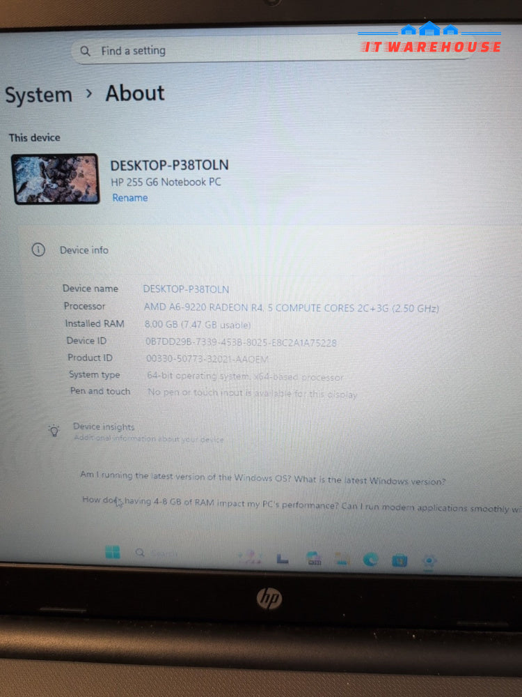 (NICE) HP 255 G6 15.6" Laptop  AMD A9-9220 Radeon/8GB RAM/256GB SSD /win11 -