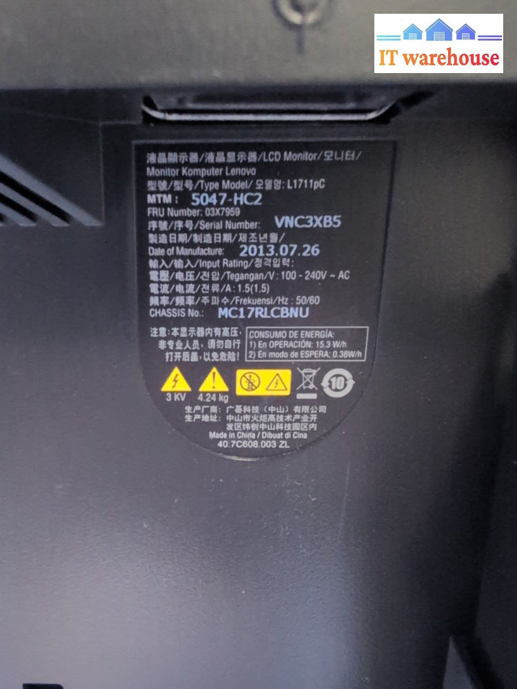 (Nice) Lenovo L1711P L1711p-C ThinkVision 17" Monitor w/ Adjustable Stand -