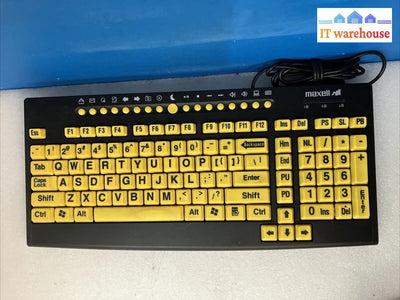 Nice Maxell Vision LargePrint Keyboard PC USB Wired Black Yellow Keys Computer ~