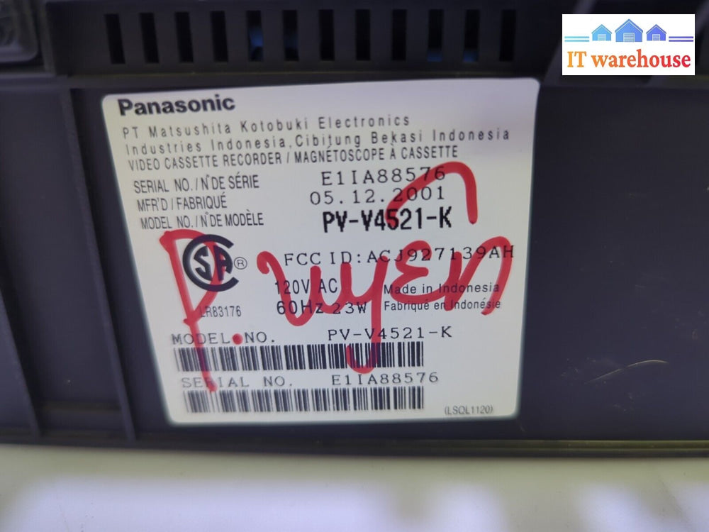 Panasonic Pv-V4521-K Vcr 4 Head Hifi Vhs Player Tested (No Remote) -