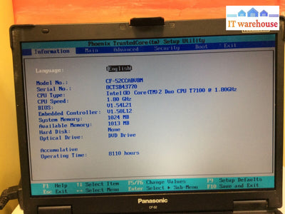 Panasonic Toughbook Cf-52 15.4’Laptop Intel C2D T7100 1.8Ghz 1Gb No Hdd Caddy