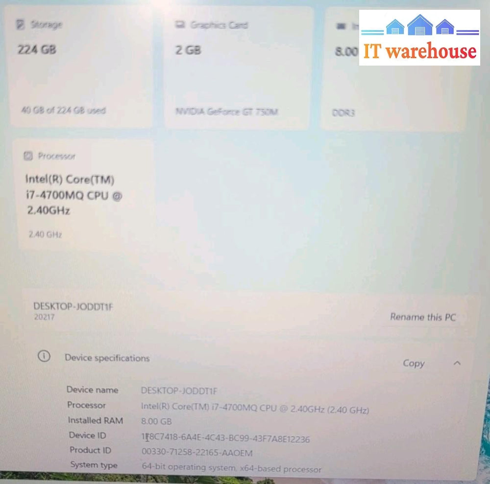 (PARTS) Lenovo IdeaPad Y510P 15.6"  Laptop i7-4700MQ CPU/ 8GB/240GB SSD/Win11 -