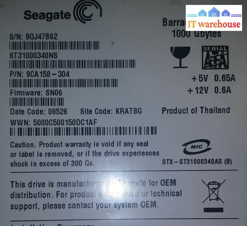 PCB - ST31000340NS p/n: 9CA158-304 f/w: SN06 Site: KRATSG Seagate  1000GB SATA