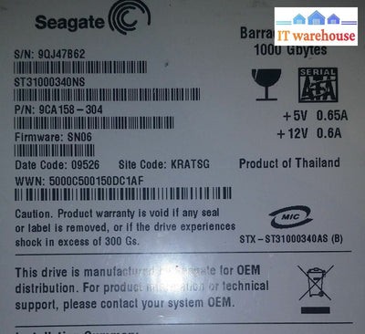 PCB - ST31000340NS p/n: 9CA158-304 f/w: SN06 Site: KRATSG Seagate  1000GB SATA
