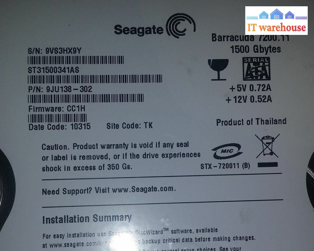 PCB - ST31500341AS, 9VS, TK, PN 9JU138-302, FW CC1H, Seagate 1.5TB SATA 3.5