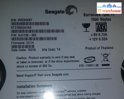PCB - ST31500341AS, 9VS, TK, PN 9JU138-302, FW CC1H, Seagate 1.5TB SATA 3.5