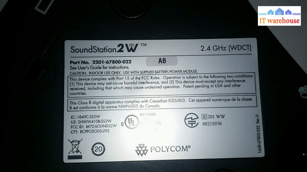 Polycom Soundstation 2W 2201-67800-022 W/ Ac Adapters 2.4 Ghz