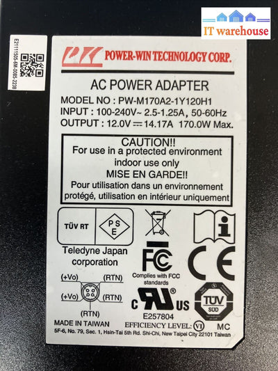 ~ Power-Win PW-M170A2-1Y120H1 12V 14.17A 170W AC Power Adapter (Cable cut off)